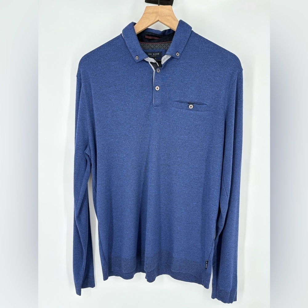Ted Baker Men’s Blue Long Sleeve Rugby Polo Poly Blend Shirt Size 5